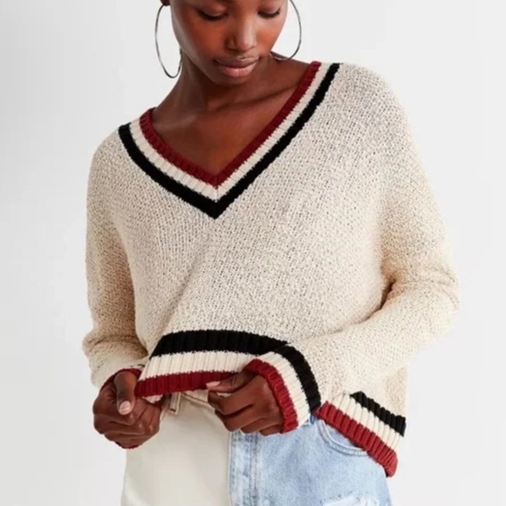 Urban Outfitters Cropped Varsity Striped V-Neck Sweater SIZE XS
